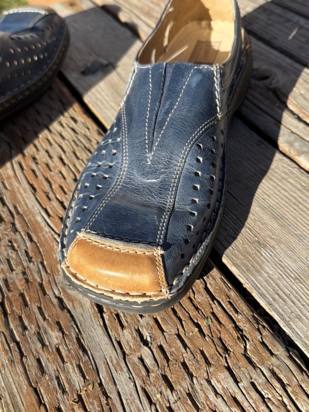 Josef Seibel Women's Perforated Blue & Tan Leather Slip-On Loafer - Size 38 - Picture 6 of 9